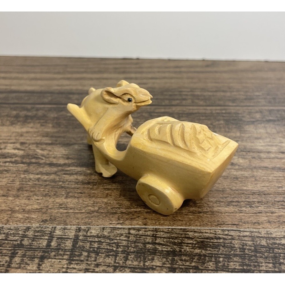 Boxwood Hand Carved 3" Figure Japanese Netsuke Sculpture Mouse Pushing Food Cart